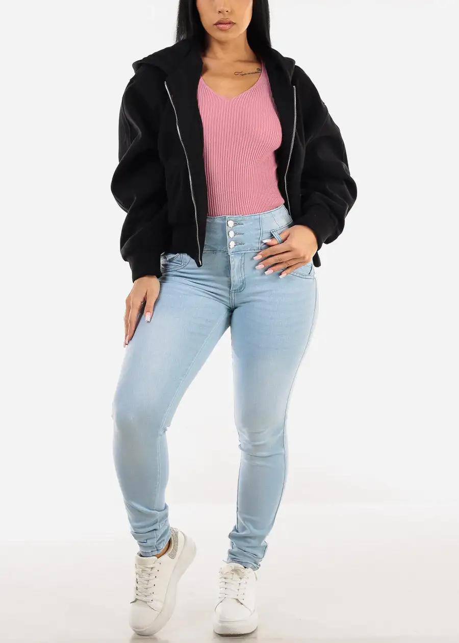 Butt Lift High Waist Braided Pocket Skinny Jeans Light Blue