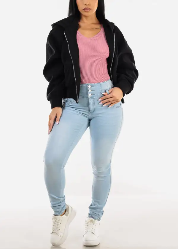 Butt Lift High Waist Braided Pocket Skinny Jeans Light Blue