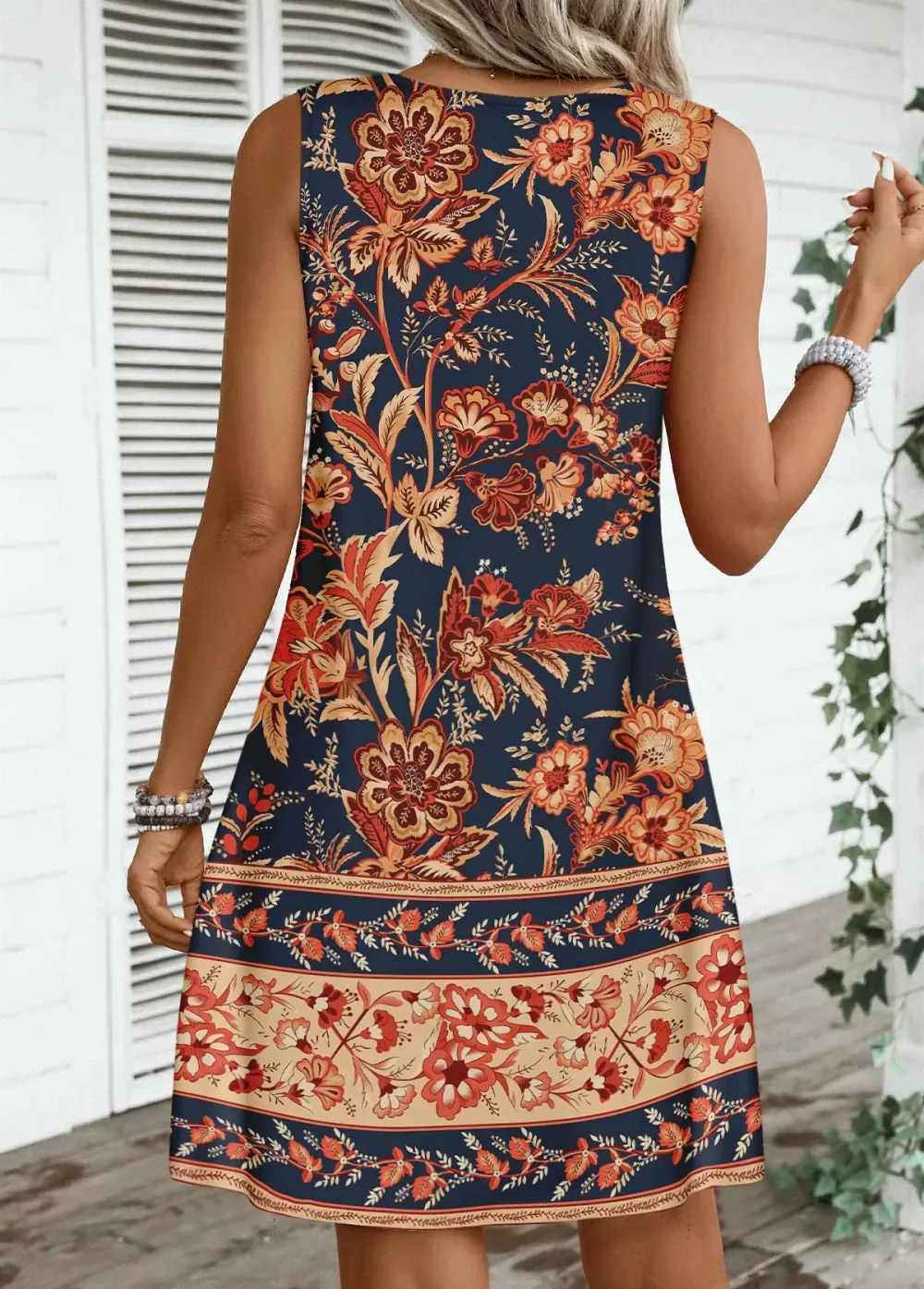 Dark Blue Circular Ring Floral Print Sleeveless Dress
