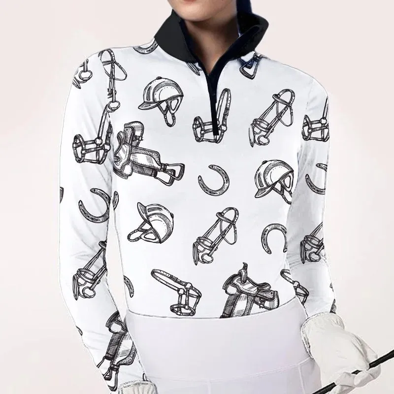Horseshoes Women's Equestrian Style Harness Horse Print Long Sleeve Casual Shirt