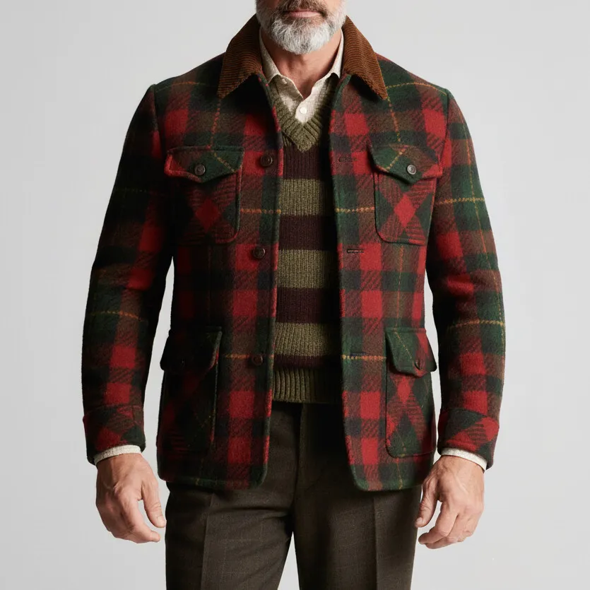 Men's Multicolor Plaid Turndown Collar Long Sleeve Button Multiple Pockets Jacket