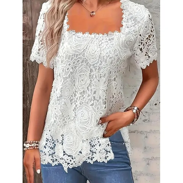 Women's Lace Blouse Floral Pattern White Square Neckline Short Sleeve Casual Elegant Spring Summer