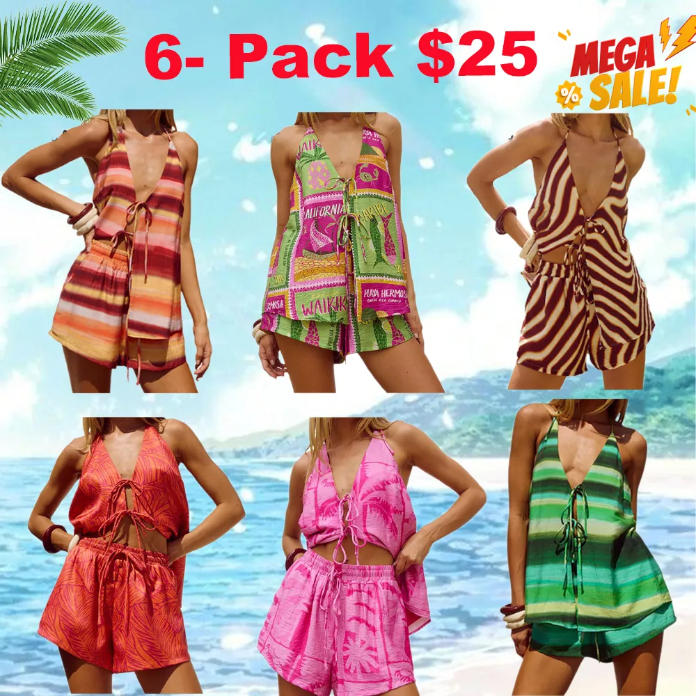 Women Shorts Set, Tree/Stripes Print Tie-up Vest with Shorts Summer Outfit for Party Club