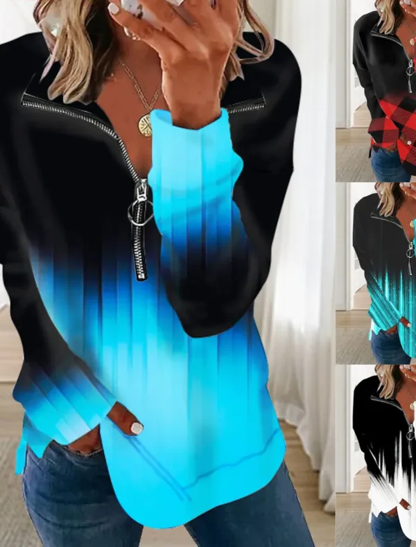 Women's Sweatshirt Pullover Basic Zipper White Red Blue Plaid Color Block Street V Neck Long Sleeve