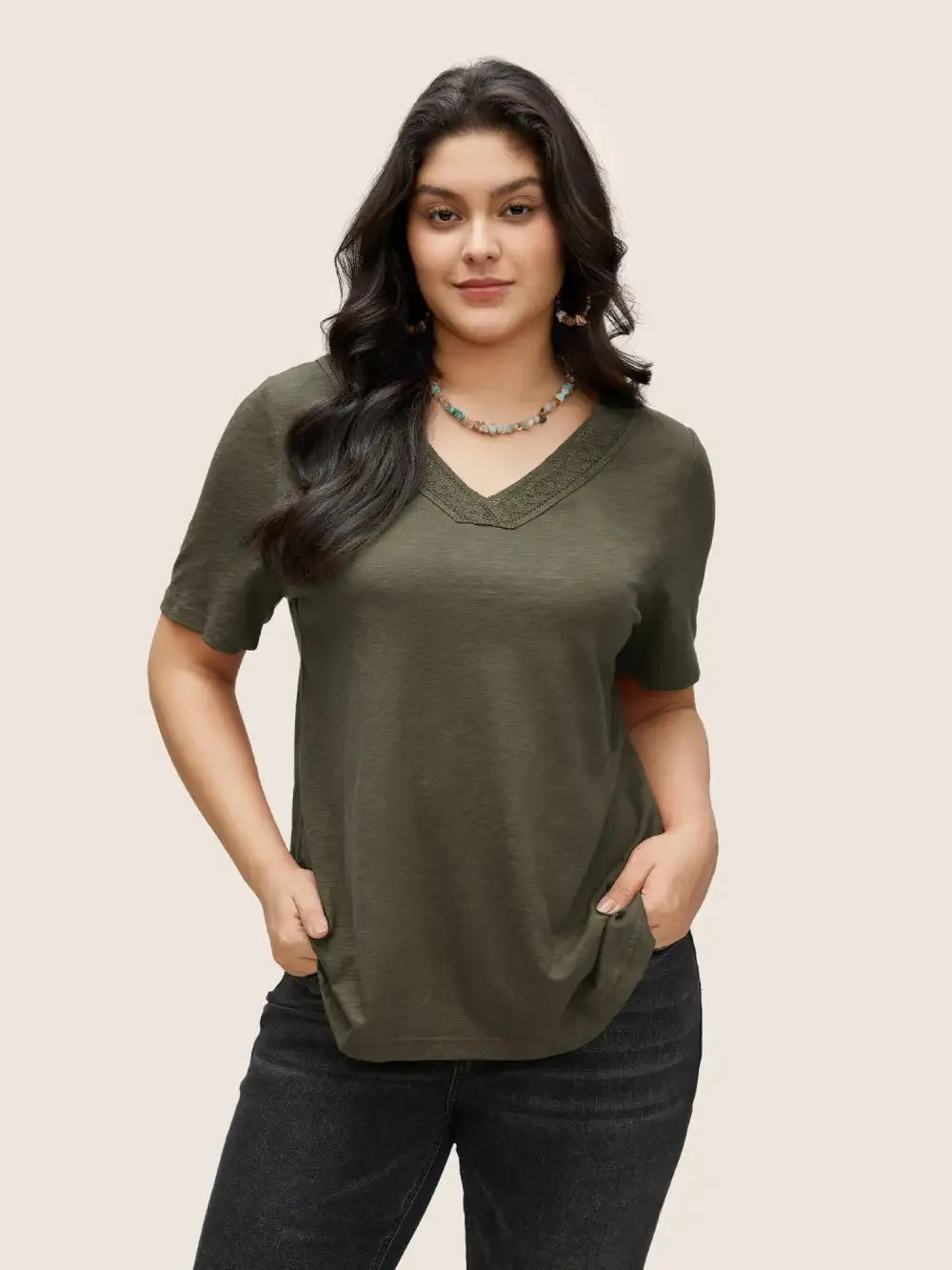 Plain V Neck Lace Panel T-Shirt