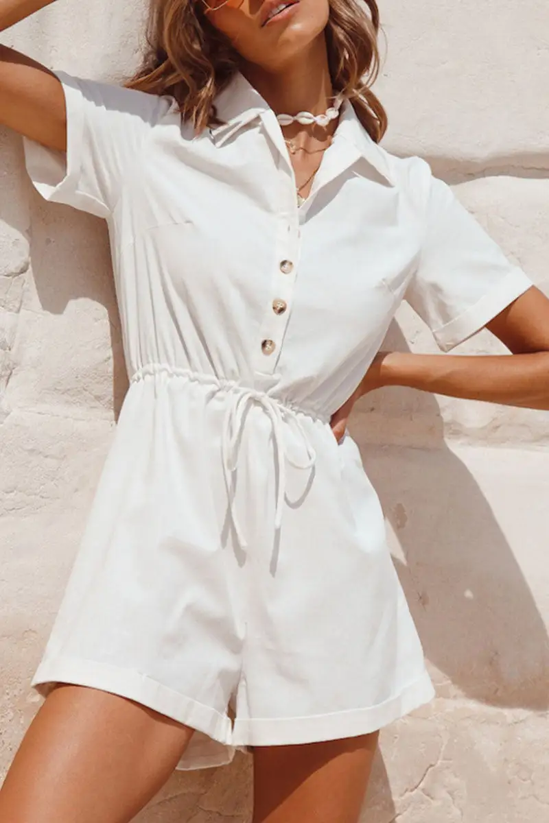 Fashion Street Solid Split Joint Turndown Collar Loose Jumpsuits