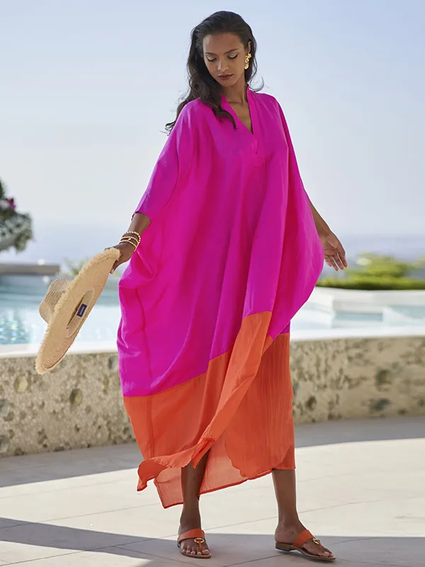 Beach Loose Contrast Color Split-Joint V-Neck Maxi Dresses
