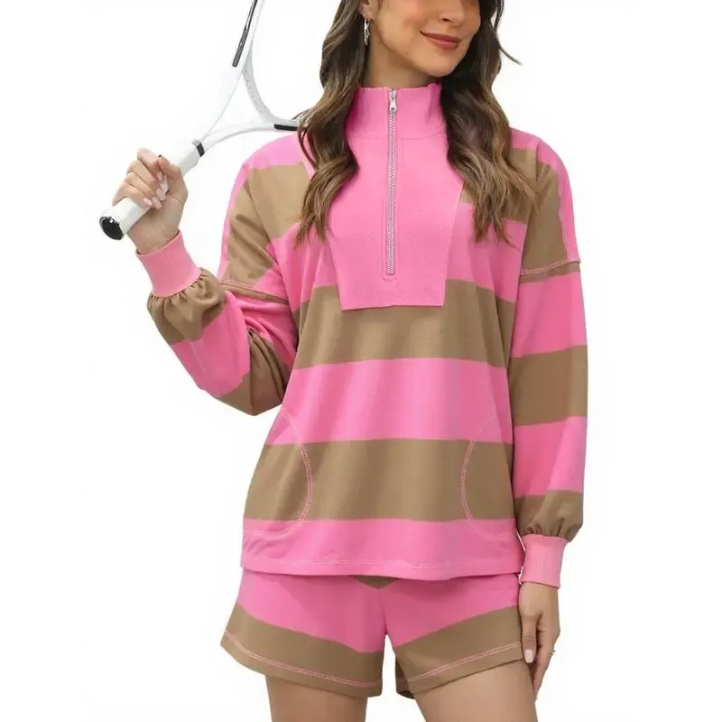 Women's Lounge Set 2 Piece Striped Long Sleeve Quarter Zip