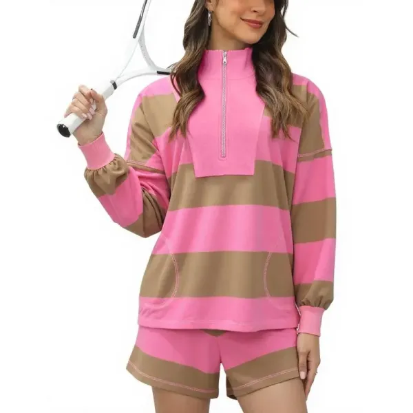Women's Lounge Set 2 Piece Striped Long Sleeve Quarter Zip