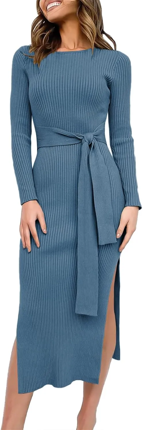 Long Sleeve Sweater Dress Crew Neck Slim Fit Slit Tie Waist 2024 Ribbed Knit Bodycon Midi Dress Fall Outfits