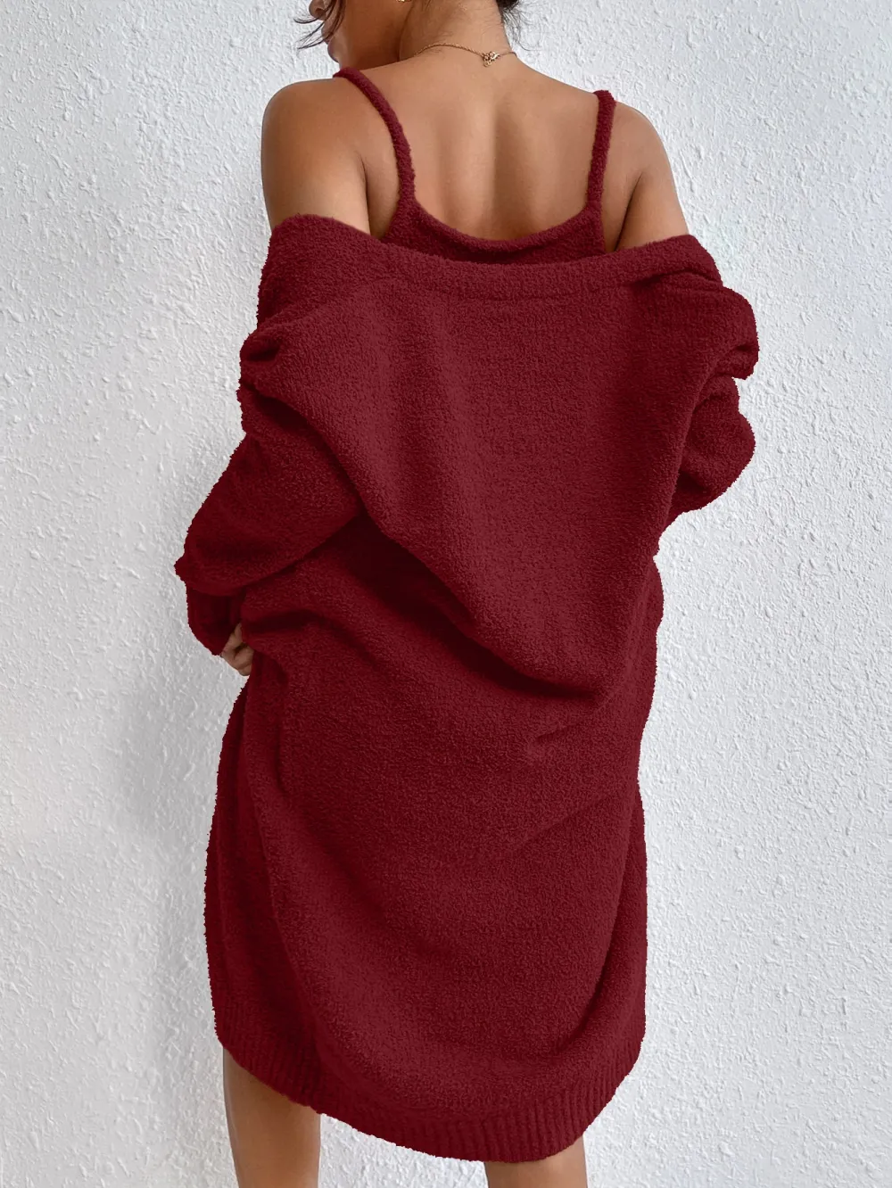 Solid Cami Sweater Dress & Drop Shoulder Cardigan