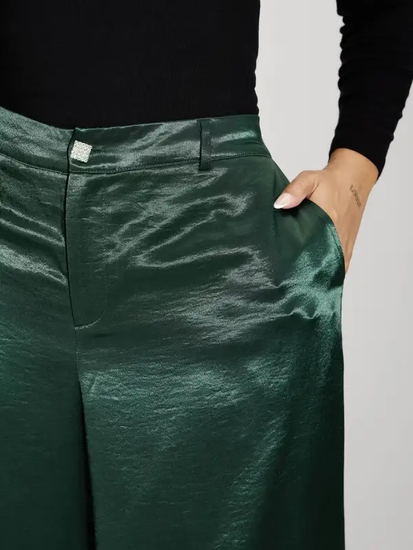 Satin Button Detail Straight-Leg Pants