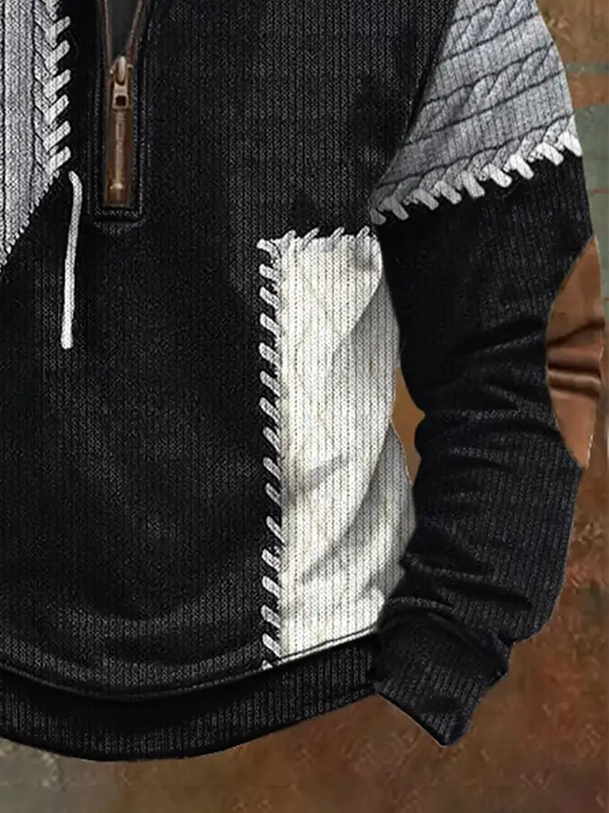 Men'S Casual 1/4 Zipper Half Stand Collar Retro Color Block Print Long Sleeve Sweatshirt