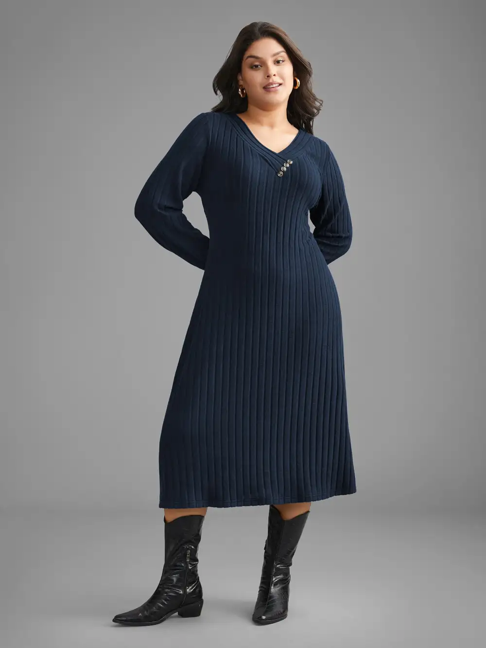 Plain Rib Knit Button Detail Dress