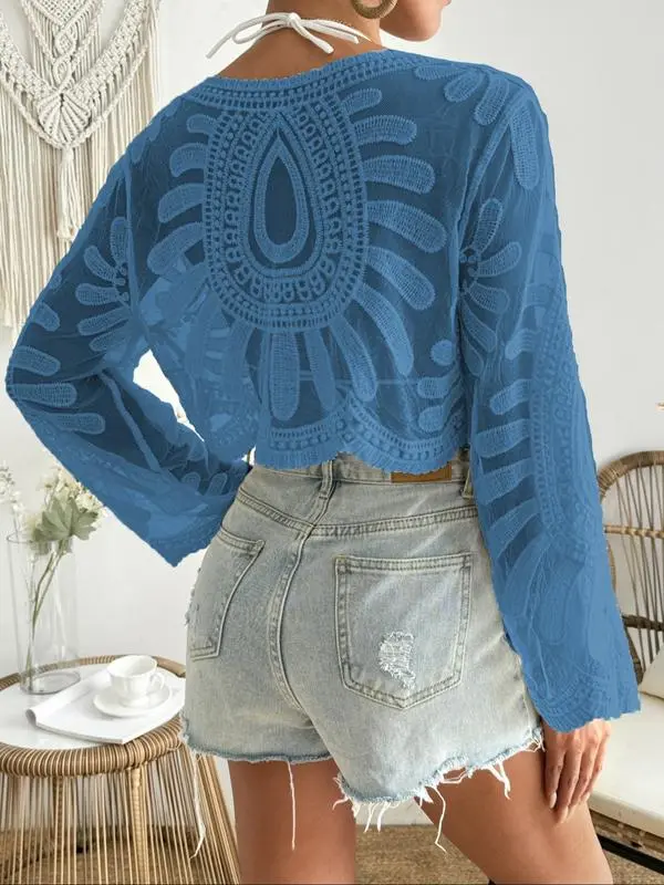 Women's Floral Embroidered Sheer Long Sleeve Beach Cover Up