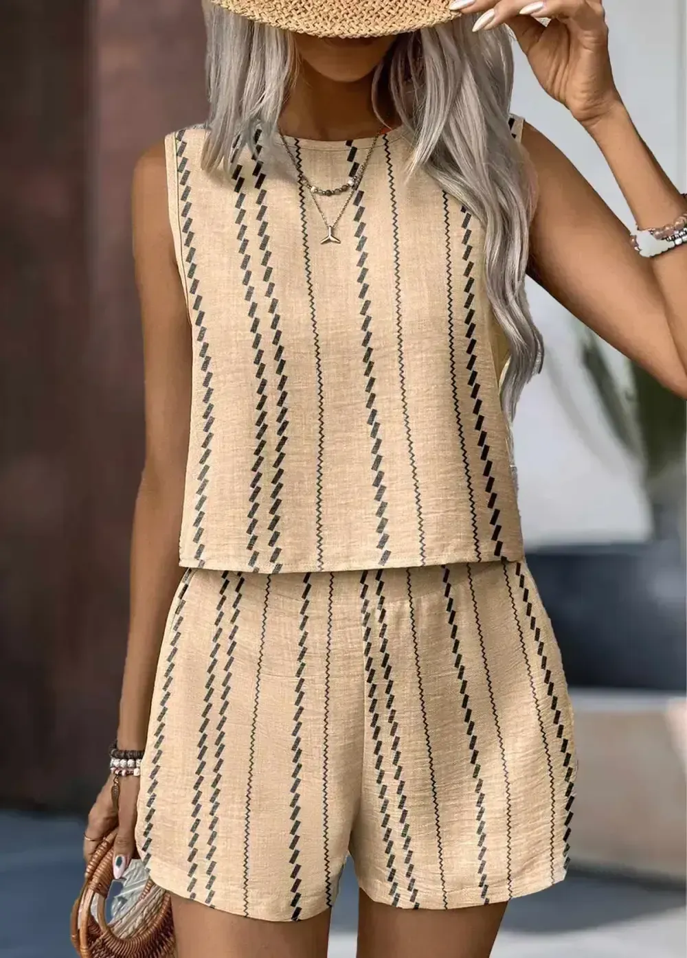 Light Camel Button Striped Sleeveless TOP and Shorts