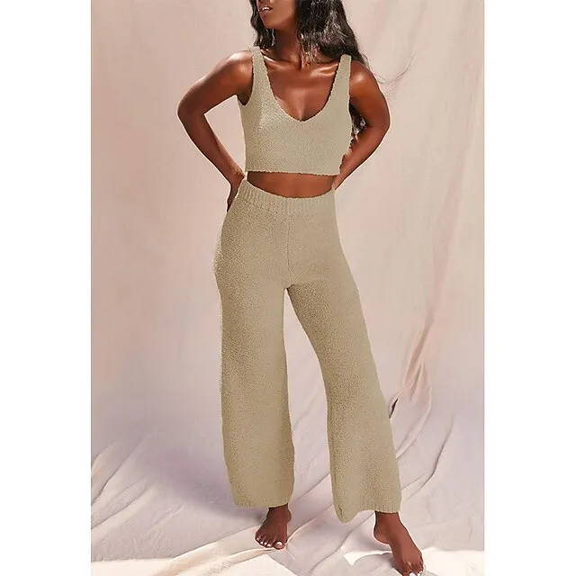 Women's Loungewear Sets Fluffy Fuzzy Sweatsuit 3 Pieces Pajama Pure Color Warm Fashion Simple Party Home Street Fleece Crew Neck Sleeveless Crop Top Pant Elastic Waist Winter Fall Black Camel