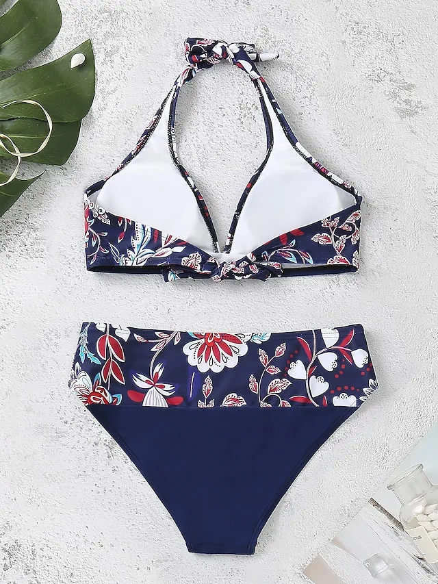 Women's Swimwear Bikini 2 Piece Swimsuit Halter 2 Piece Open Back Sexy Floral V Wire Tropical Sexy Bathing Suits