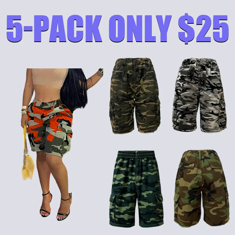 Women's Camo Print Straight-Leg Shorts with Pockets-Raw Hem, Elastic Waist