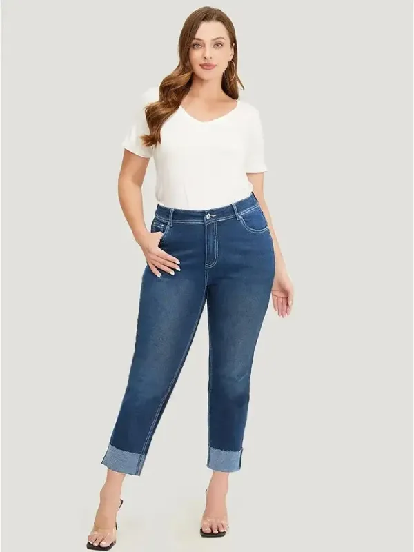 Straight Leg Very Stretchy High Rise Dark Wash Roll Hem Jeans