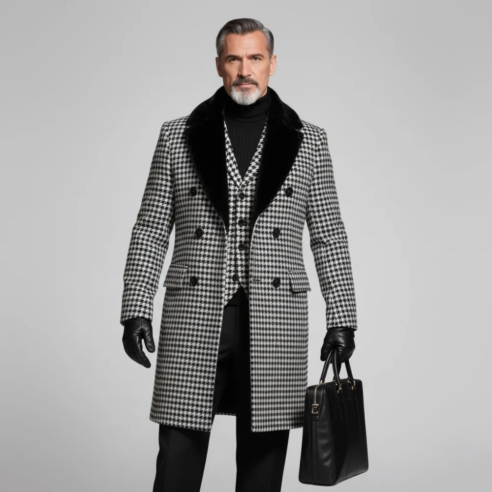 Men's Black Furry Collar Double Breasted Long Sleeve Houndstooth Pattern Mid-Length Overcoat