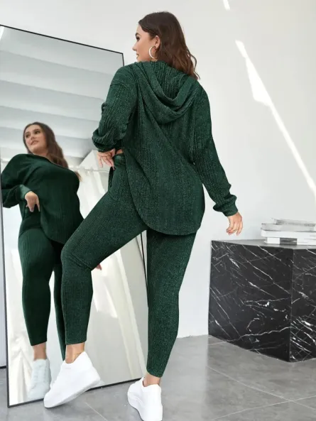 【Plus Size】 Plain Split Curved Hem Hoodie & Leggings Lounge Two-piece Set, Casual Fashion Cozy Breathable Two Piece Outfits for Daily Home Wear