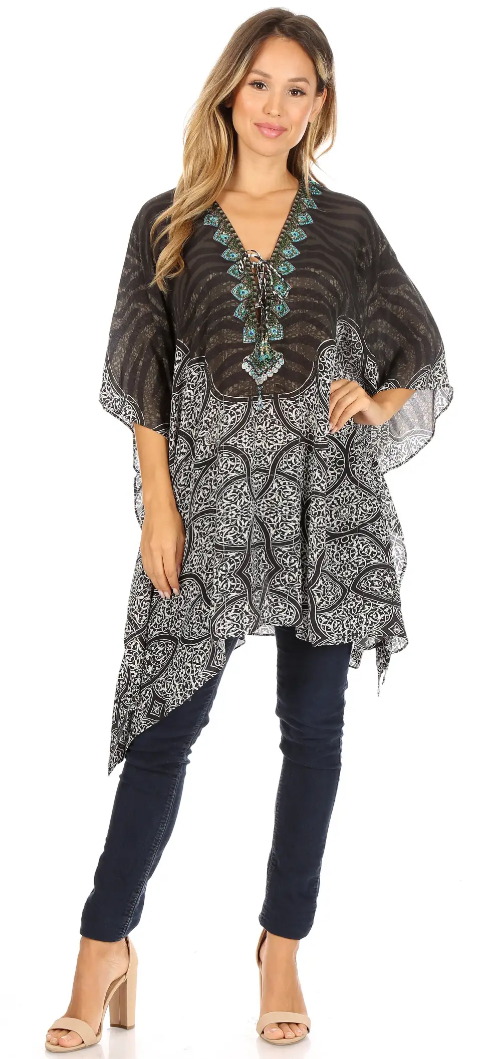 Women's Caftan Poncho Cover up V neck Top Lace up With Rhinestone