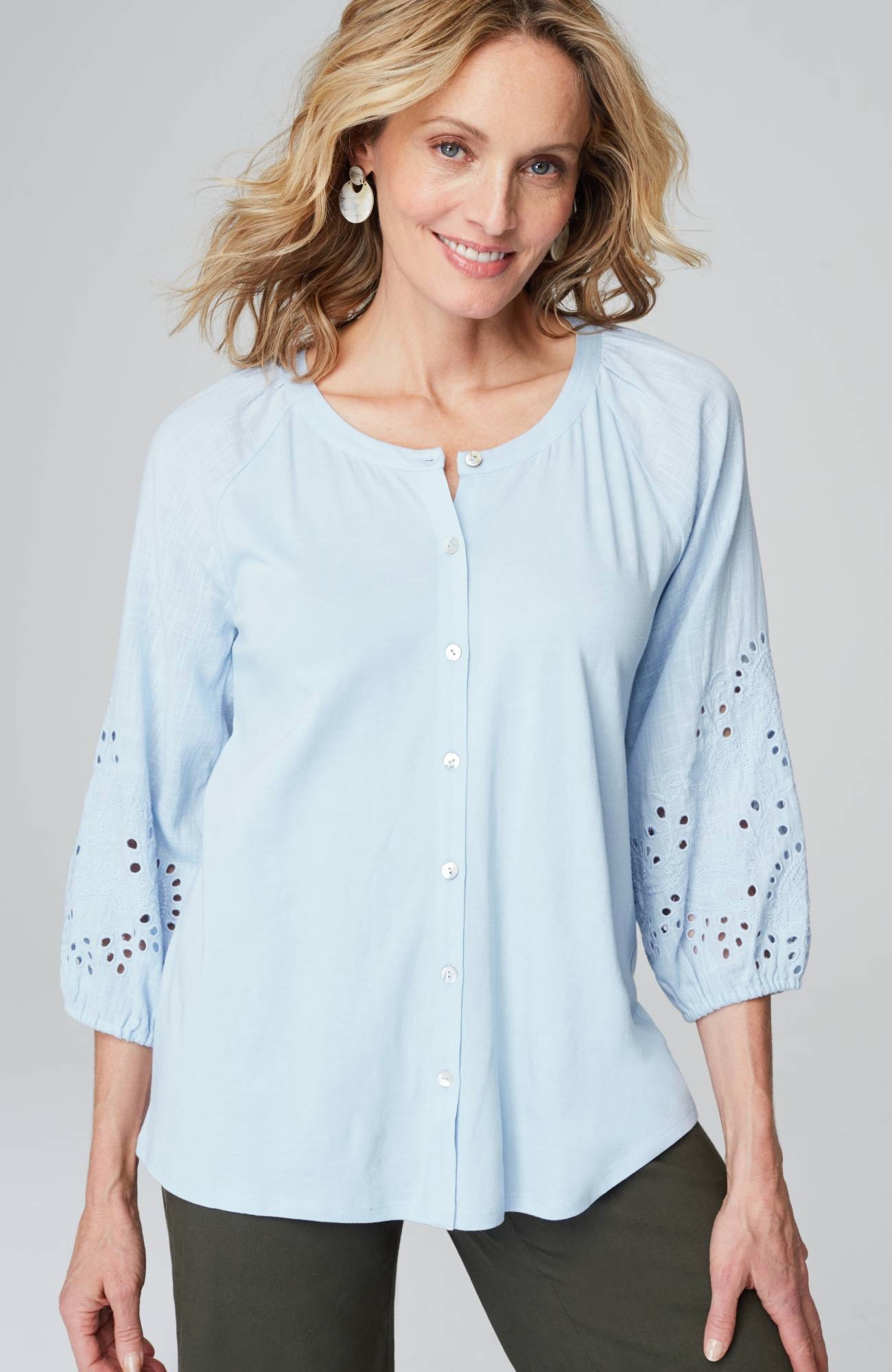 Placed-Eyelet Mixed-Media Top