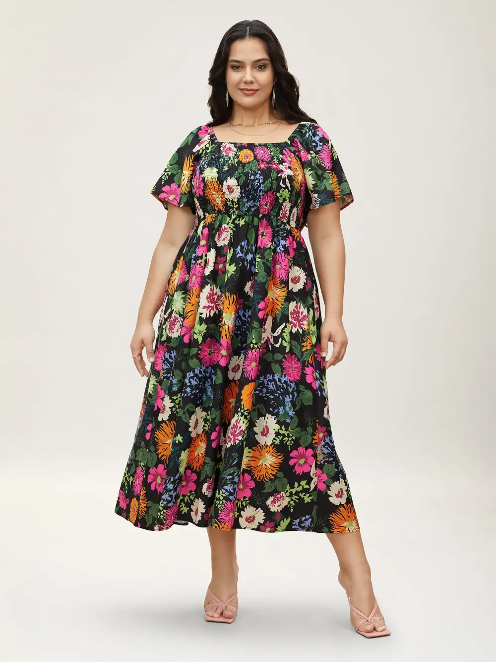 Floral Shirred Square Neck Pocket Midi Dress