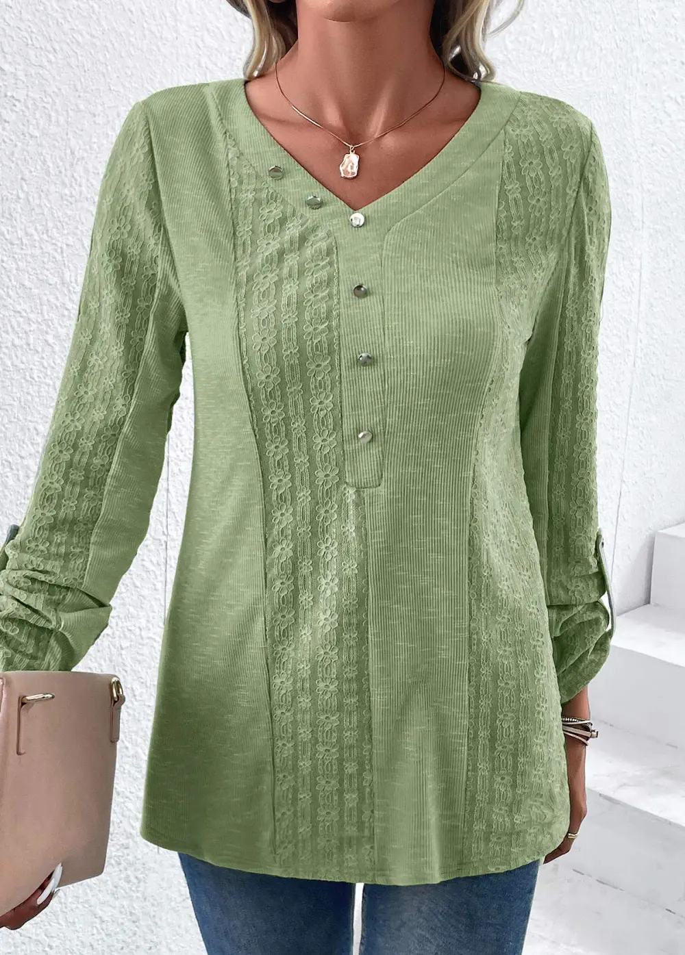 Sage Green Patchwork Long Sleeve V Neck Blouse