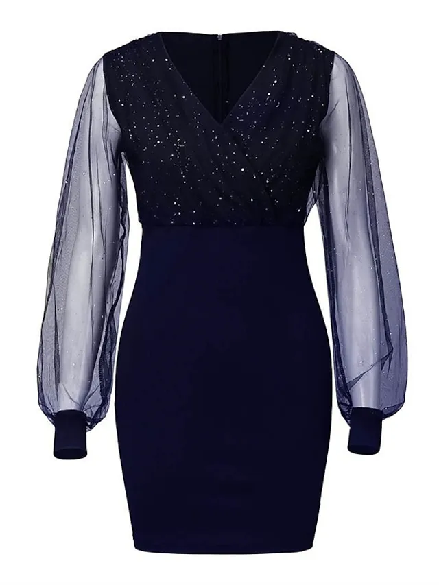Women‘s Black Dress Wedding Guest Cocktail Dress Sexy V Neck Bodycon Patchwork Long Mesh Sleeve  Spring Summer