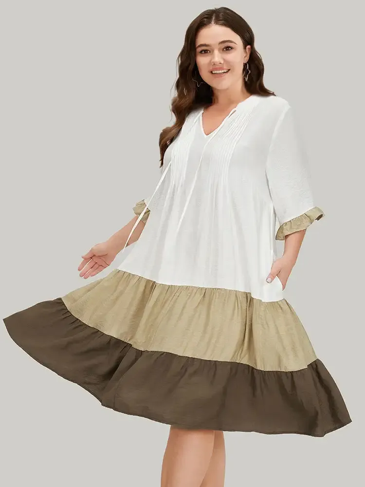 Color Block Contrast Pocket Pleated Knot Neck Dress