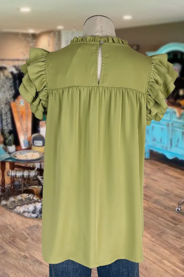 Solid Pleated Flutter Sleeve Blouse