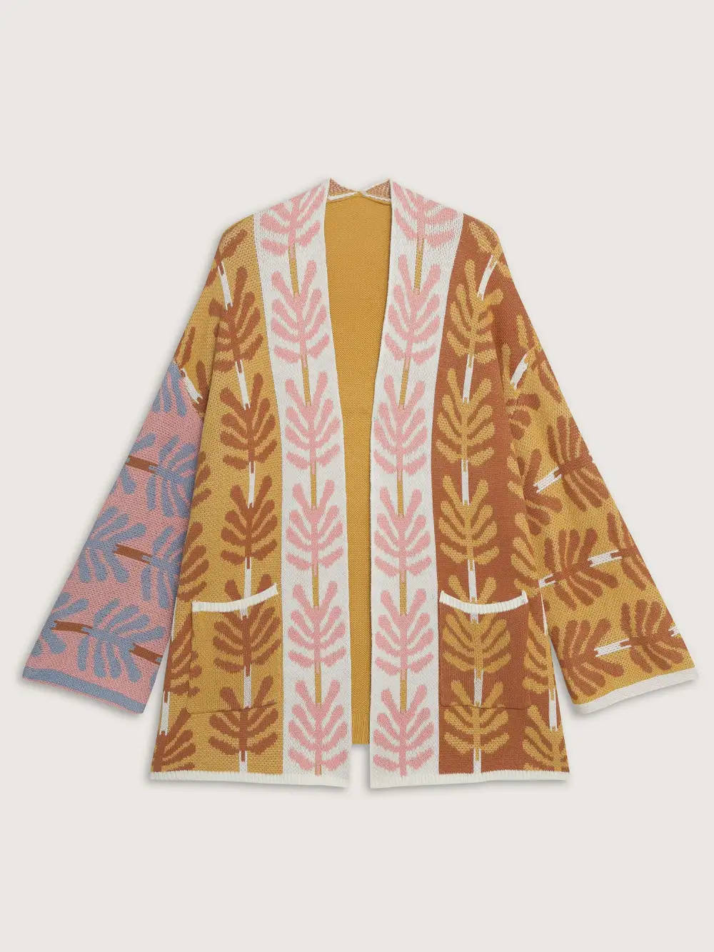 Leaf Jacquard Print Contrast Knit Cardigan