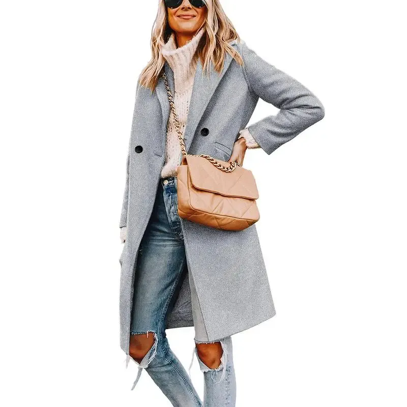 Women's Winter Notch Lapel Double Breasted Wool Blend Mid Long Pea Trench Coat