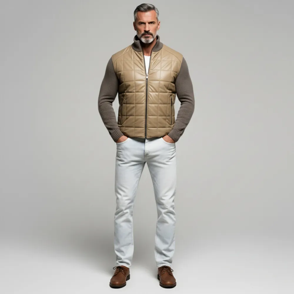 Men's Khaki Quilted PU Leather Patchwork Knitted Stand Collar Long Sleeve Zipper Pocket Jacket