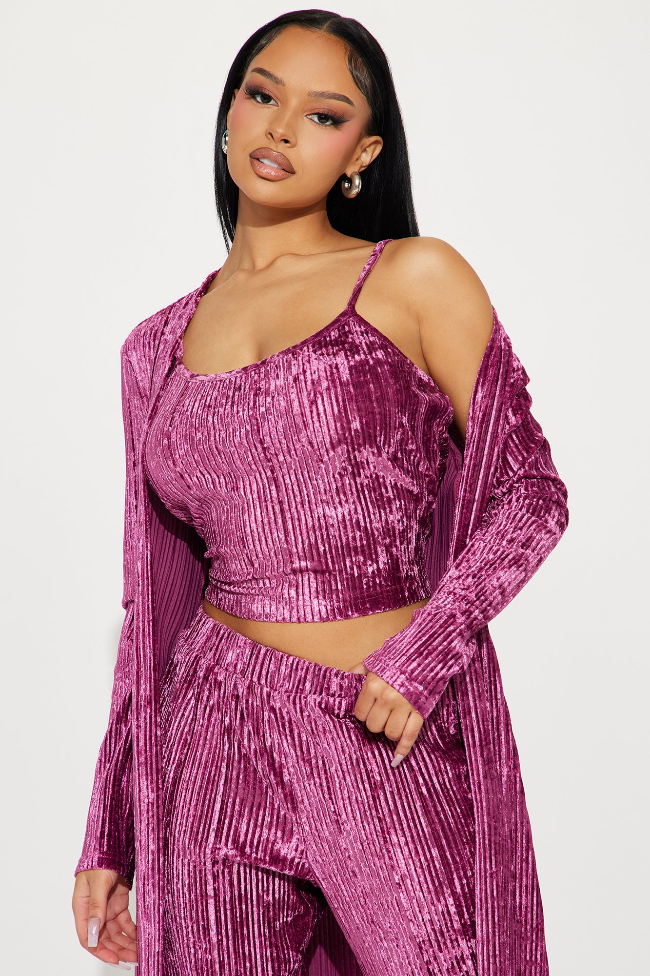 Carrie 3 Piece Velvet Plisse Pant Set - Plum