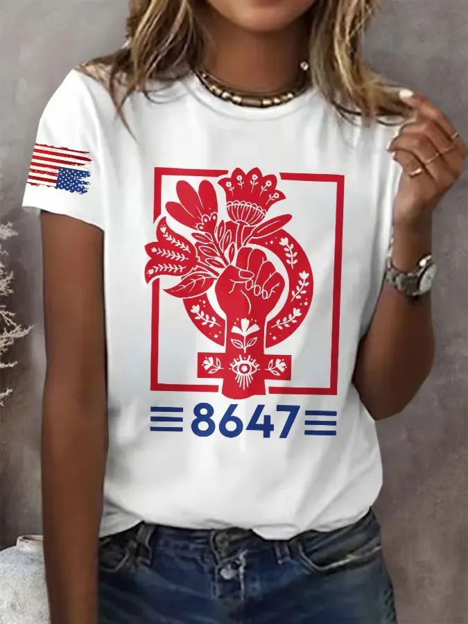 Women'S T-Shirt Retro 8647 Fist Print T-Shirt Round Neck Pure Cotton Short Sleeves
