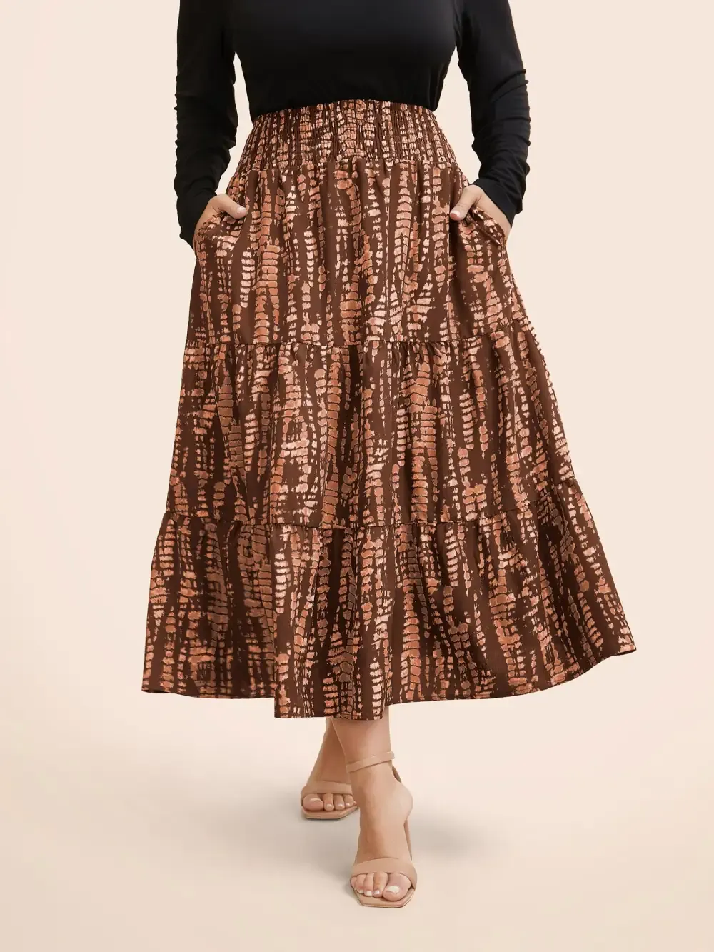 Geometric Shirred Ruffle Layered Hem Skirt