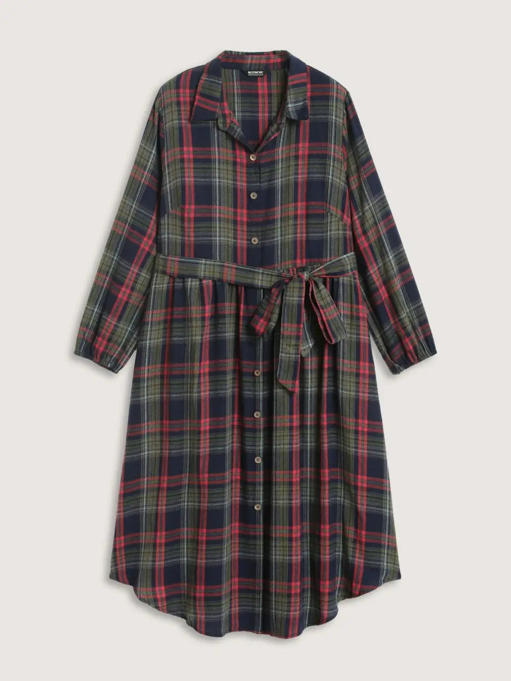 Plaid Button Detail Pocket Belted Arc Hem Dress