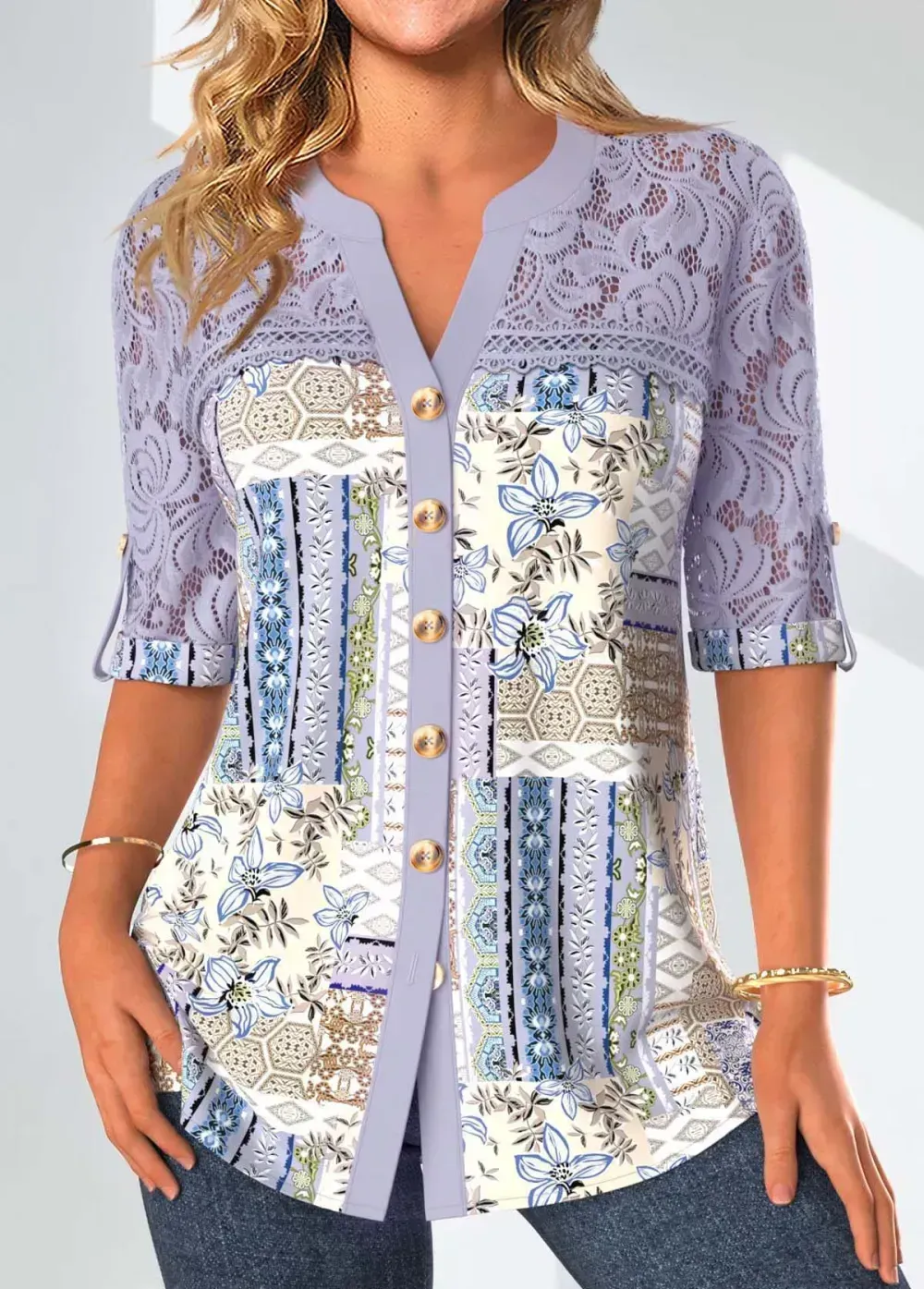 Dusty Purple Patchwork 3/4 Sleeve Split Neck Blouse