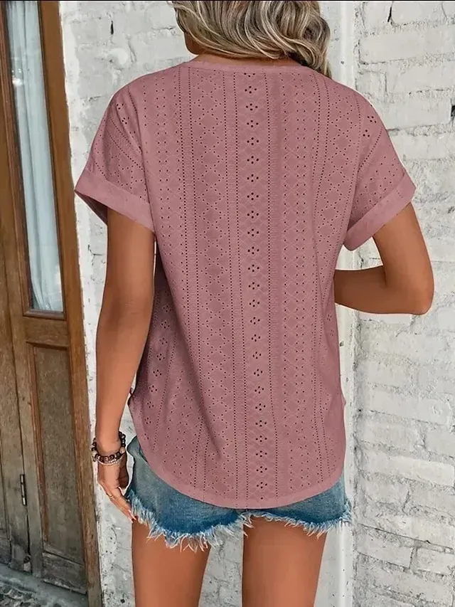 Women's T shirt Tee White Eyelet Tops Light Blue Black White Plain Cut Out Short Sleeve Daily Weekend Basic Round Neck Regular Cotton S