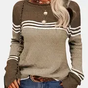 Color Block Boat Neck Knitted Top, Casual Long Sleeve Pullover Sweater For Fall & Winter, Women's Clothing