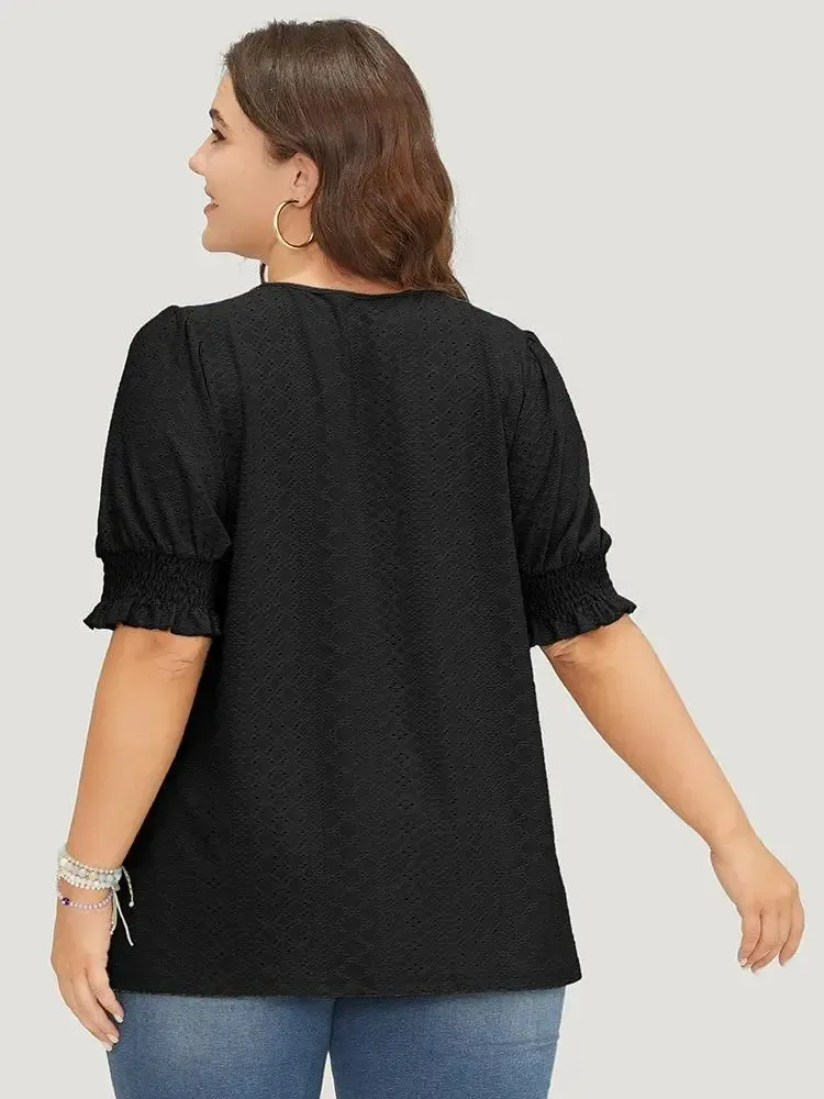 Plain Broderie Anglaise Shirred Puff Sleeve Button Detail T-shirt
