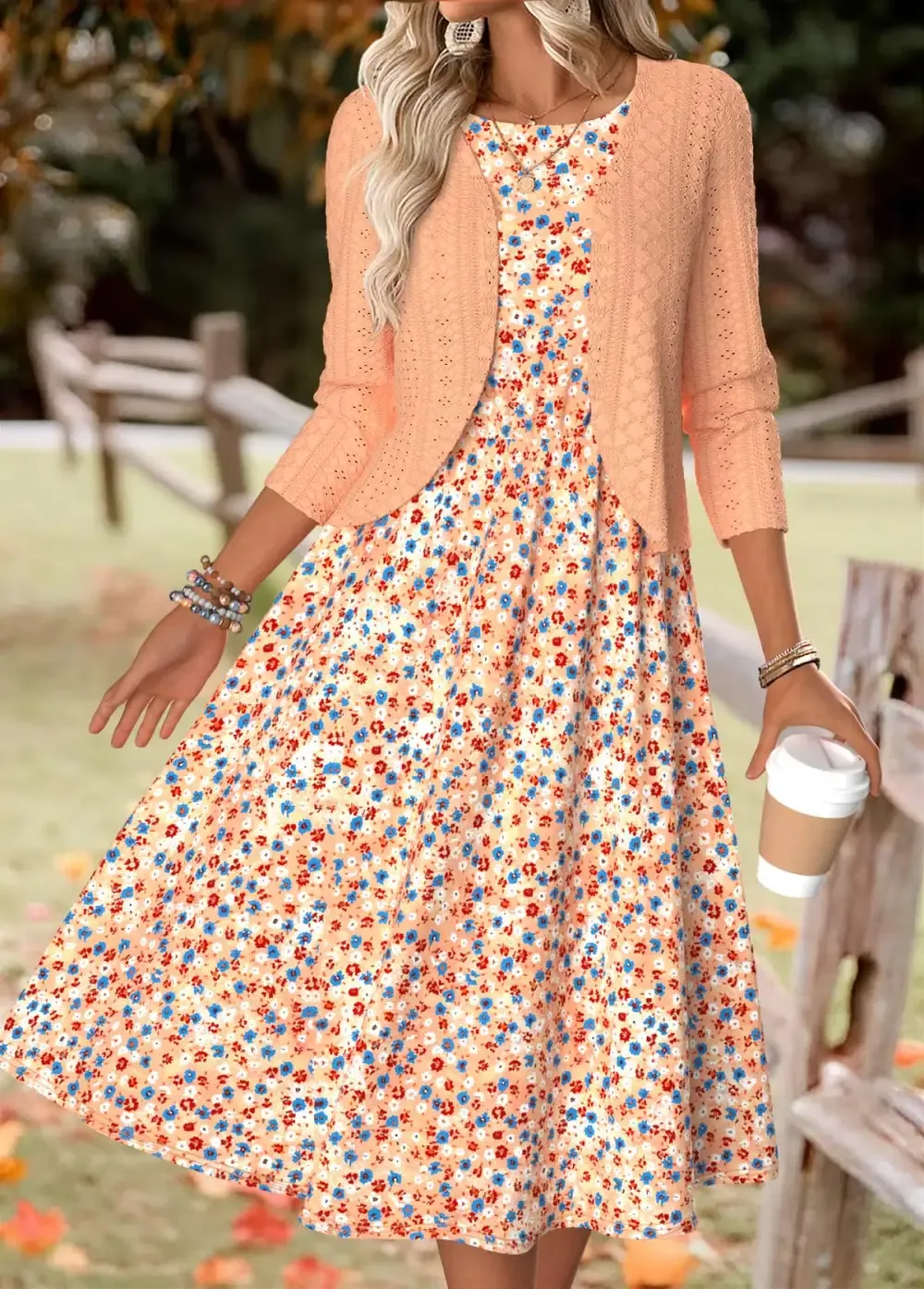 Orange Ditsy Floral Print Long Sleeve Dress and Cardigan
