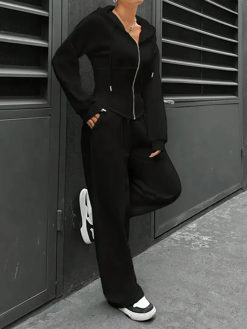 [All Seasons Polyester Hooded Tracksuit] Women'S Elegant Solid Color Polyester Hooded Tracksuit Set with Drawstring and Zipper Details – Knit Fabric Pantsuit for All Seasons