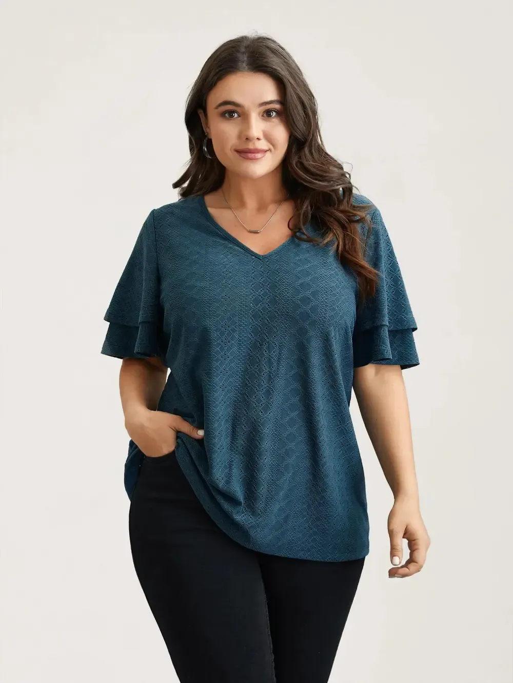 Jacquard Textured Lotus Leaf Sleeve Top