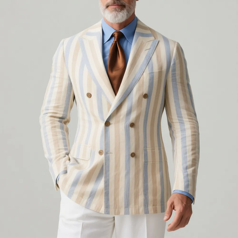 Men's Business Colorblock Striped Peaked Lapel Double Breasted Long Sleeve Blazer