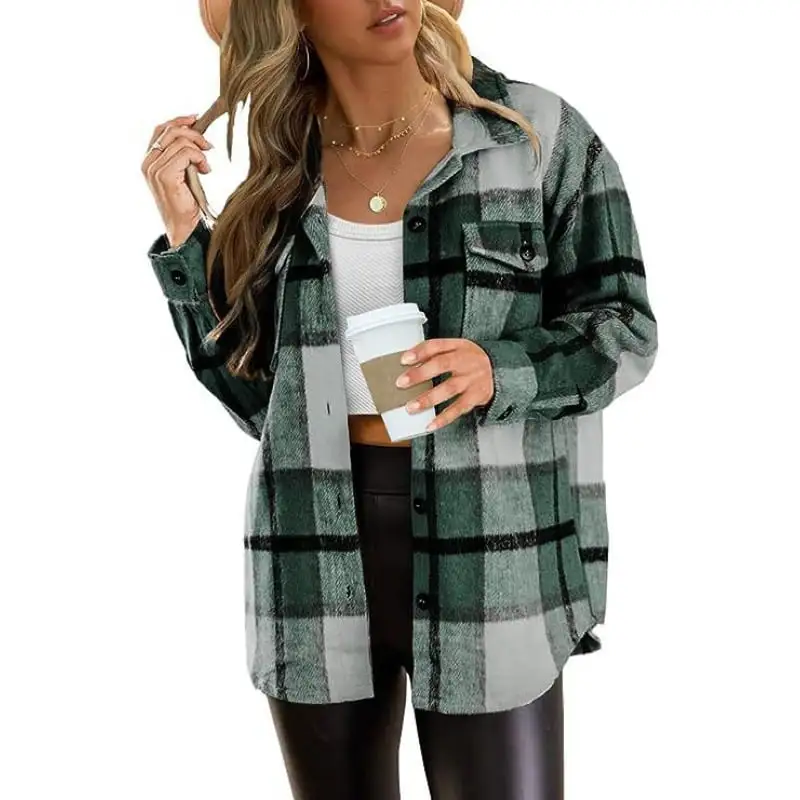 Women's Casual Shacket Jacket Plaid Shirts Flannel Blouses Button-Down Shirts