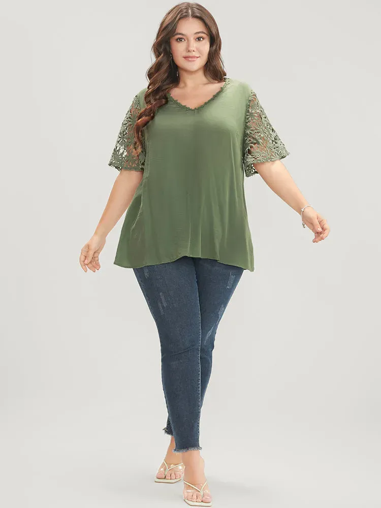 Plain V Neck Floral Patchwork Blouse